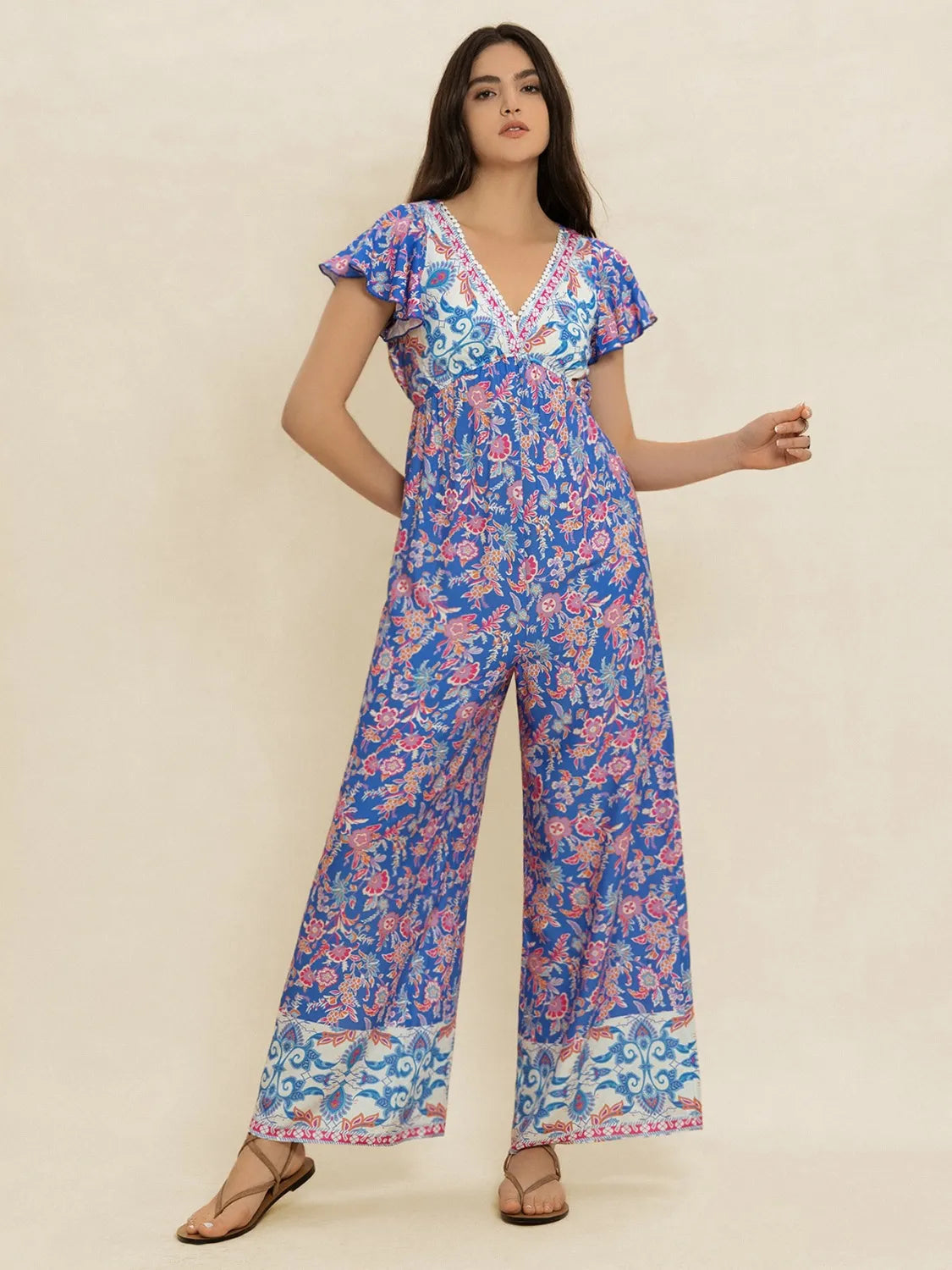 Printed V-Neck Wide Leg Jumpsuit -