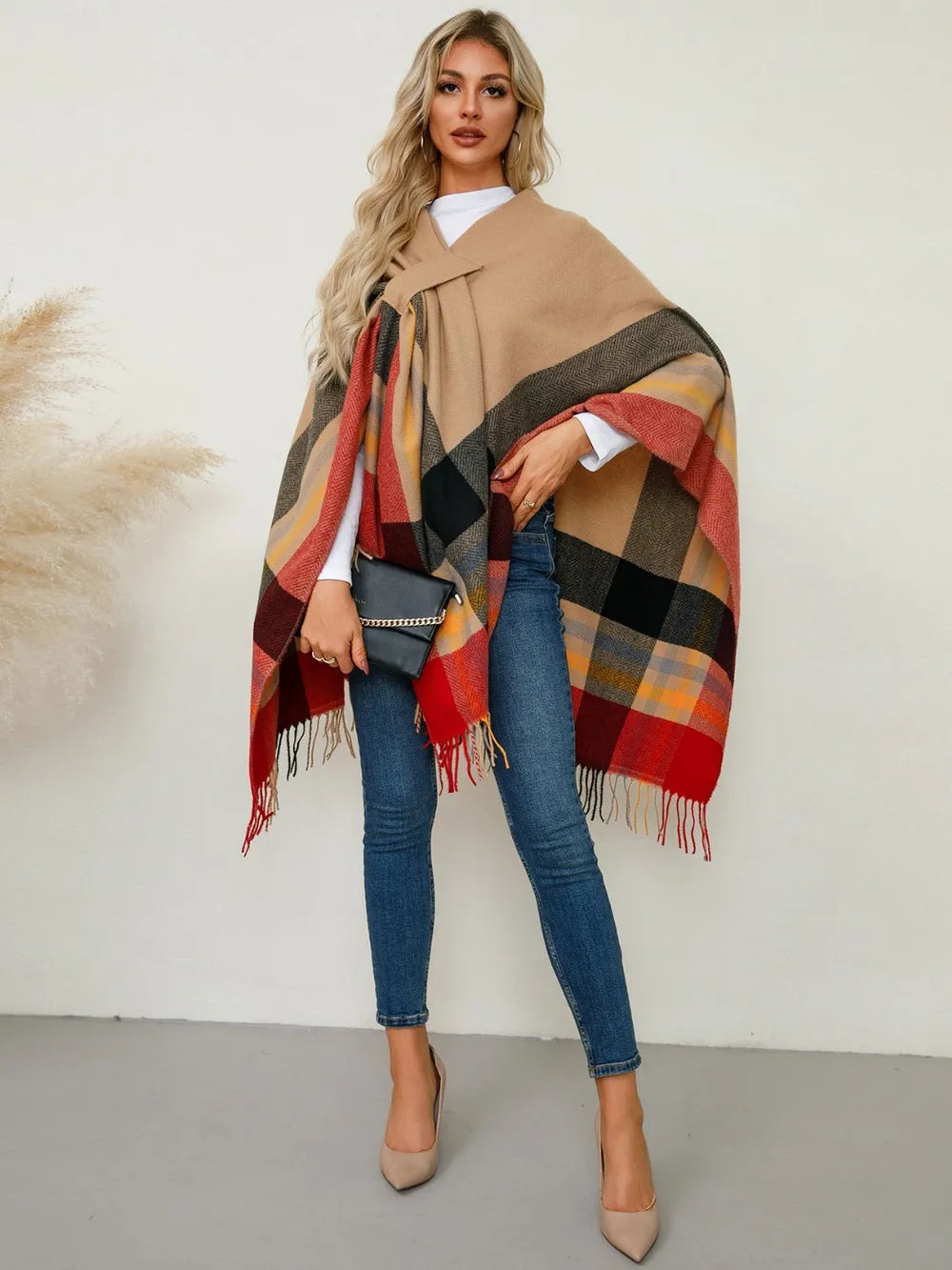 Fringe Contrast Plaid Poncho - Sherbet One Size
