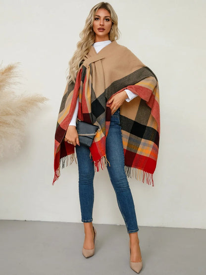 Fringe Contrast Plaid Poncho - Sherbet One Size