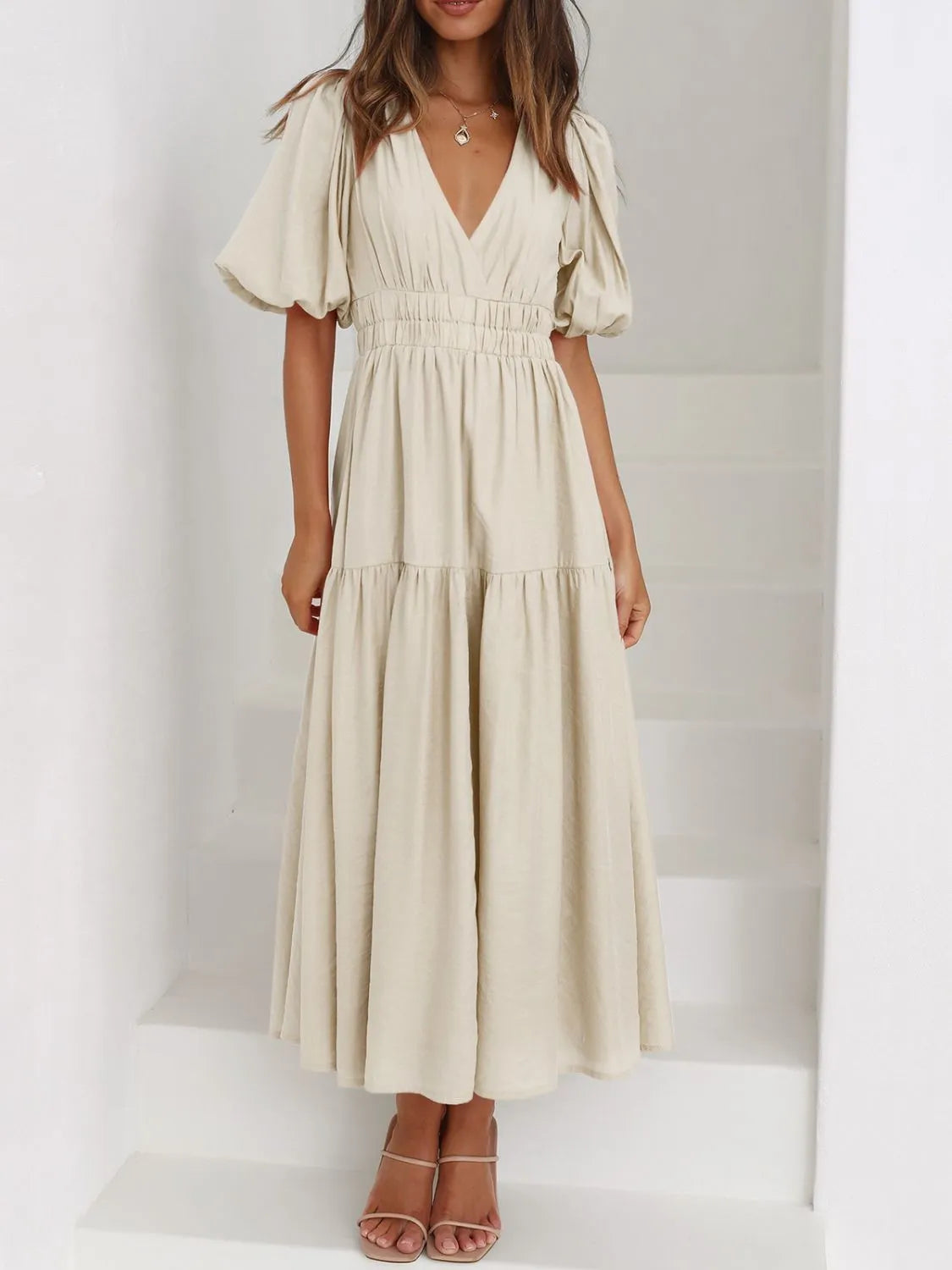 V-Neck Puff Sleeve Midi Dress - Beige