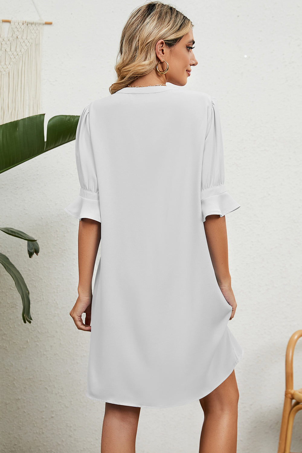 Notched Flounce Sleeve Mini Dress - White