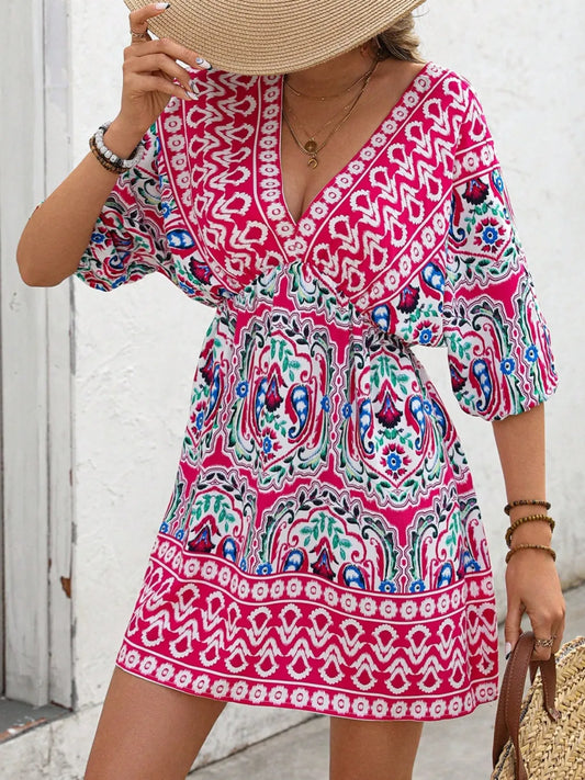 Printed Tie Back Half Sleeve Mini Dress - Hot Pink
