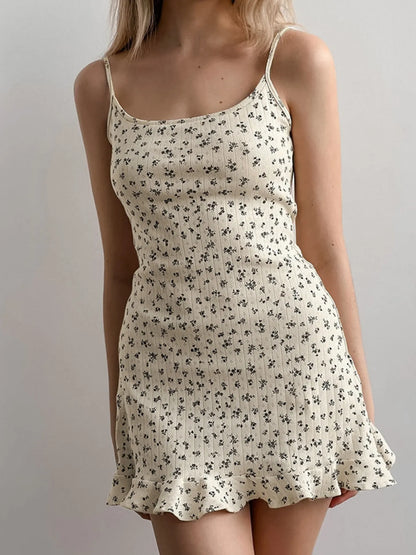 Floral Print Ruffle Hem Cami Lounge Dress - Beige