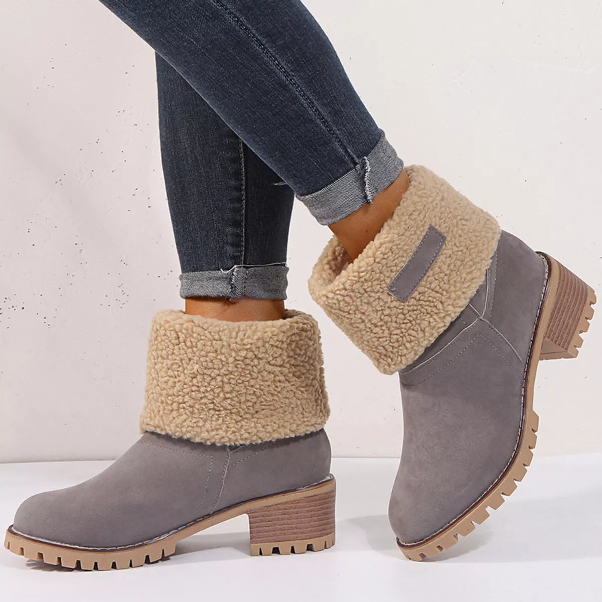 Round Toe Block Heels Boots - Dark Gray