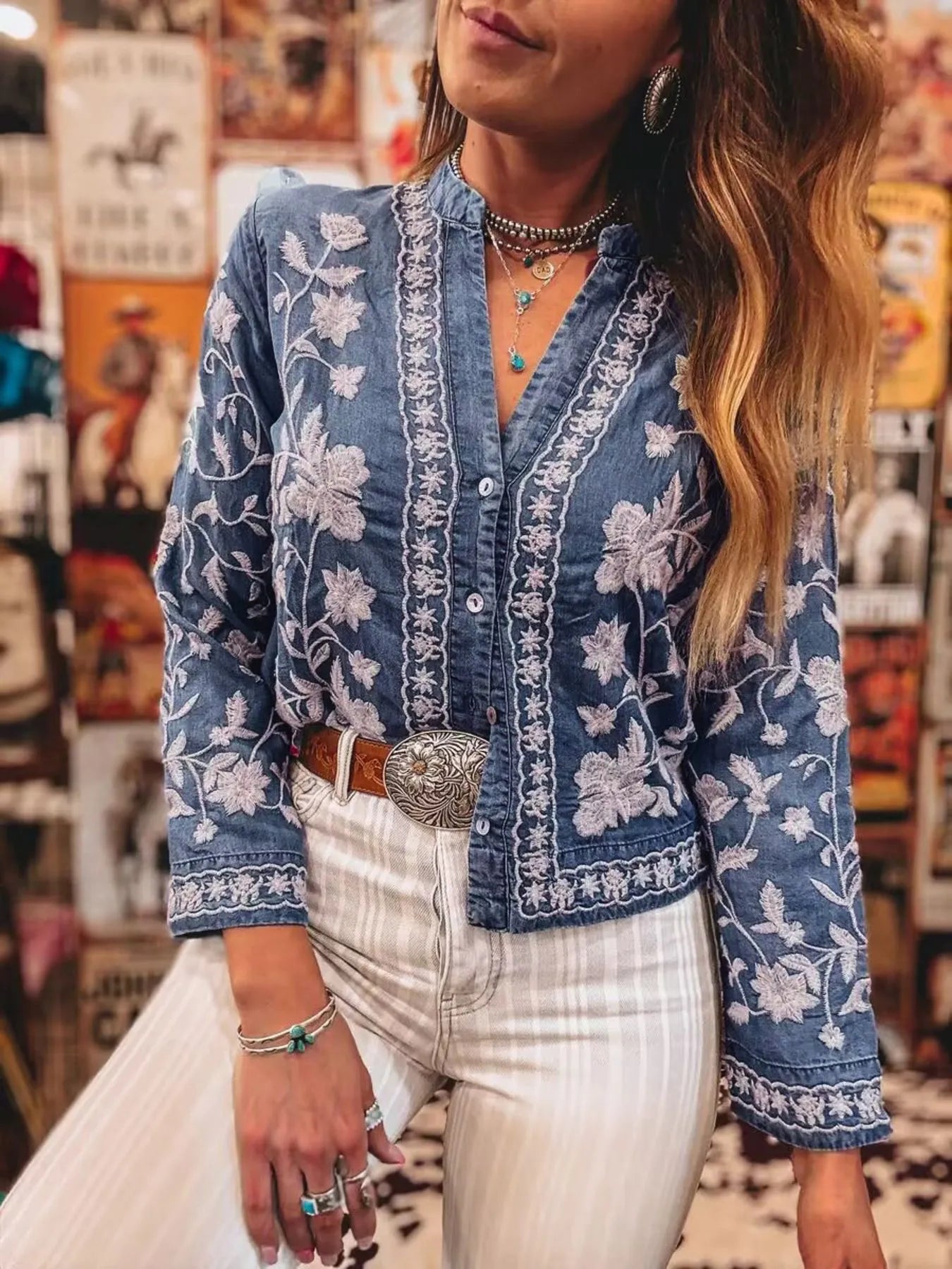Floral Embroidered Button Up Denim Shirt - Medium