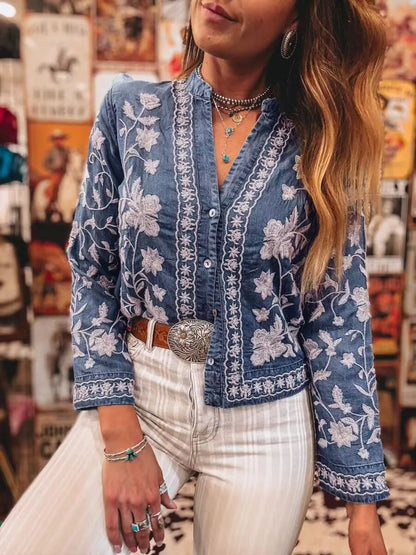 Floral Embroidered Button Up Denim Shirt - Medium