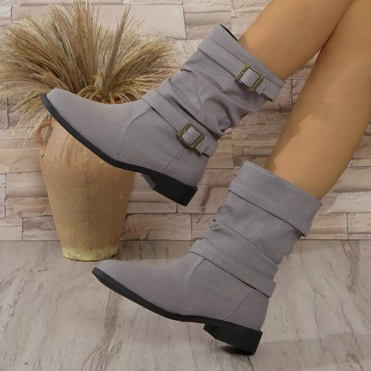 Buckle Accent Block Heel Boots -