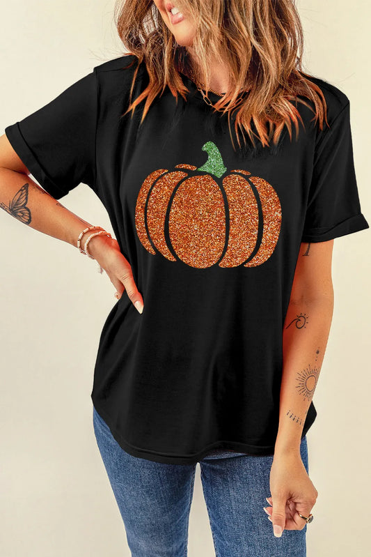 Glitter Pumpkin Round Neck T-Shirt - Black