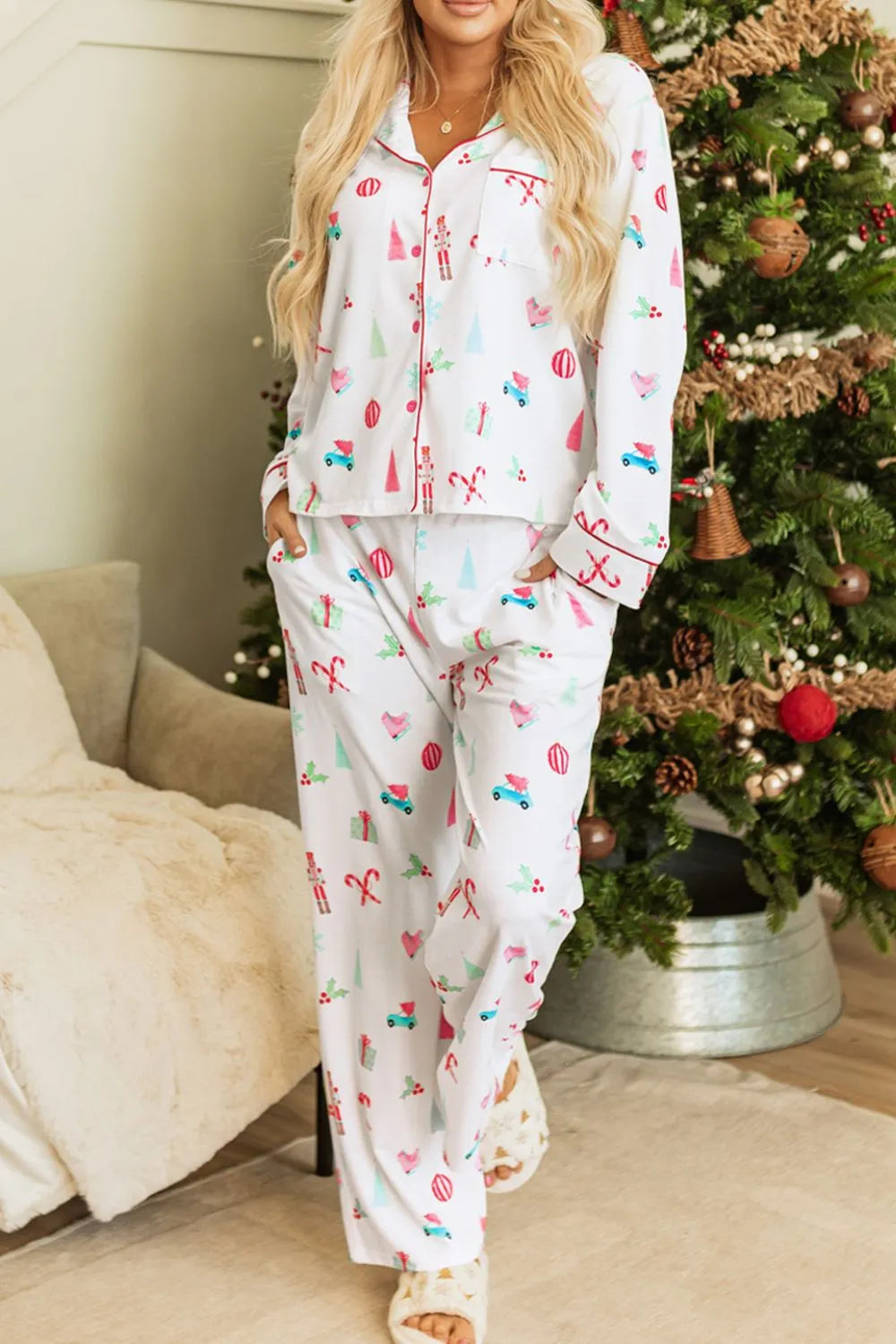 Printed Collared Neck Top and Pants Lounge Set - White