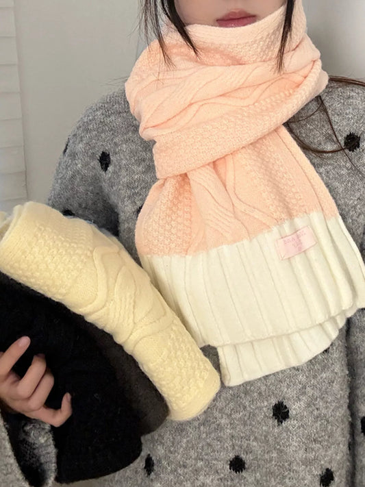 Two-Tone Knitted Warm Scarf - Pink One Size