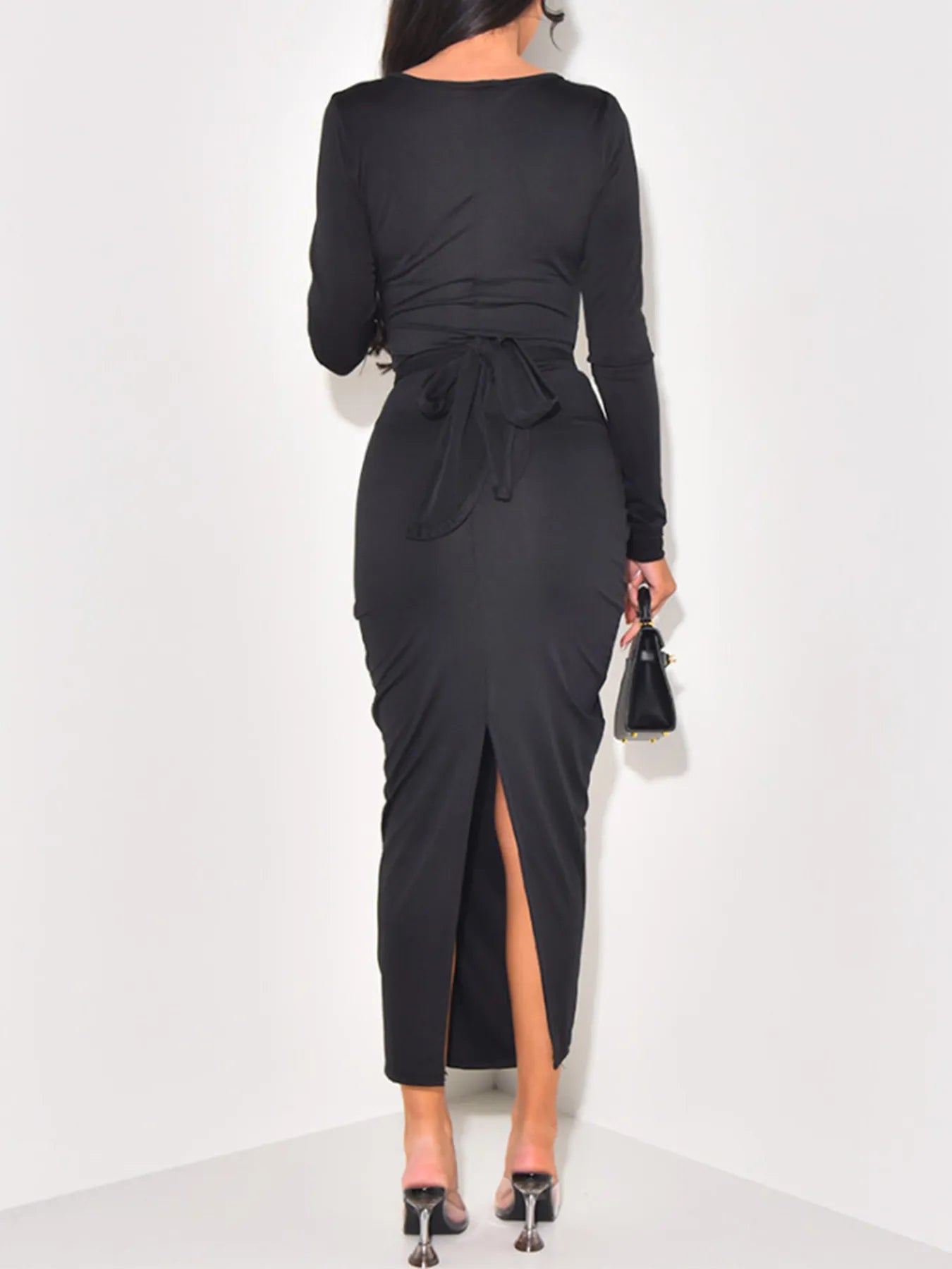 Long Sleeve Tie-Front Bodycon Maxi Dress -