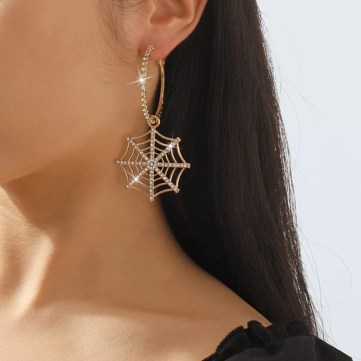 Spider Web Dangle Hoop Earrings - Gold One Size