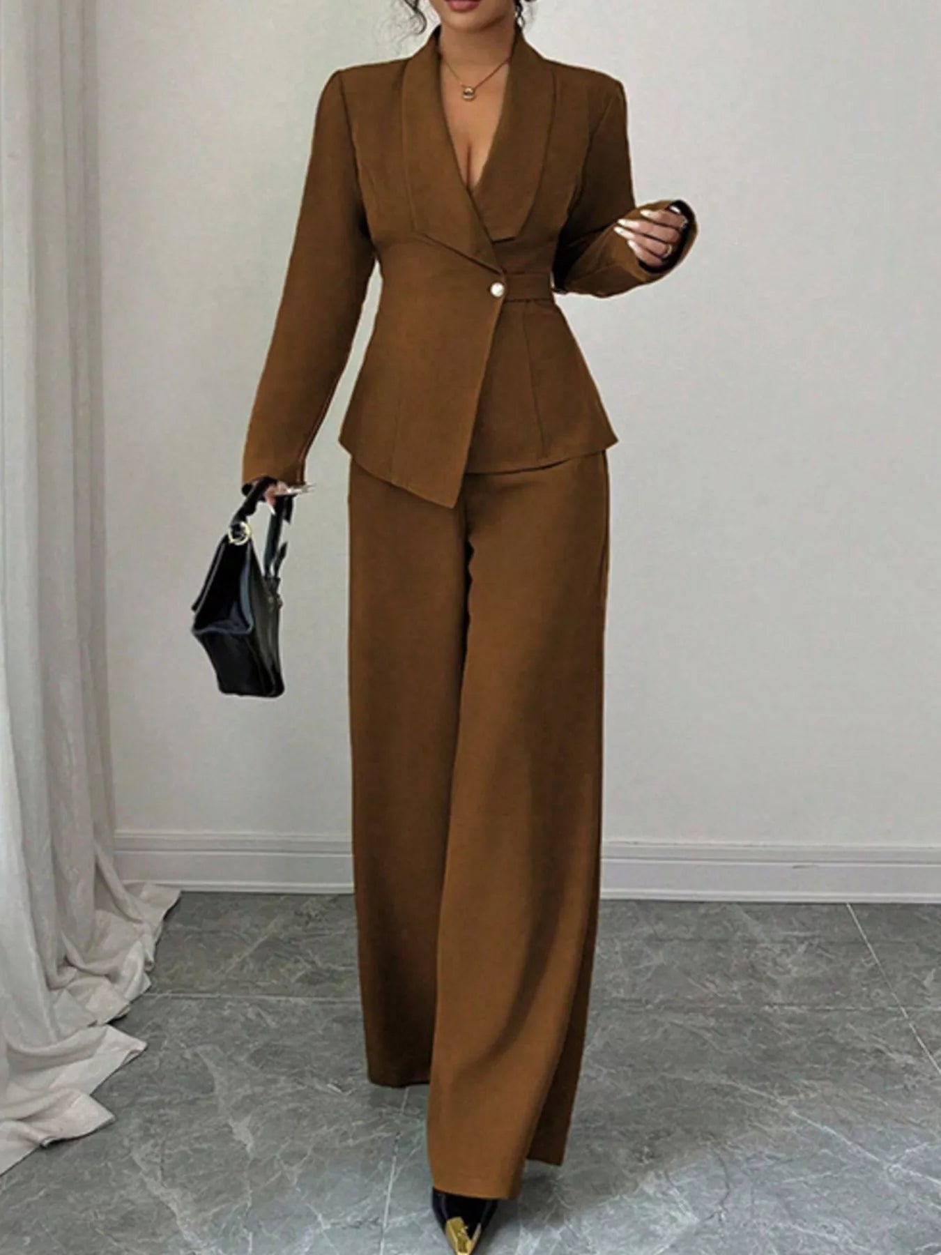 One Button Blazer and Pants Set - Brown