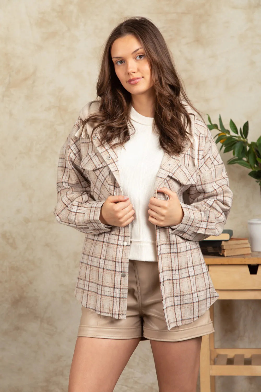 Drawstring Plaid Long Sleeve Hooded Jacket - Dust Storm