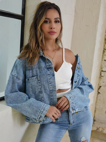 Button Down Drop Shoulder Denim Jacket -