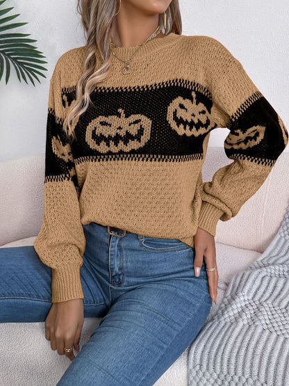 Pumpkin Round Neck Long Sleeve Sweater - Camel