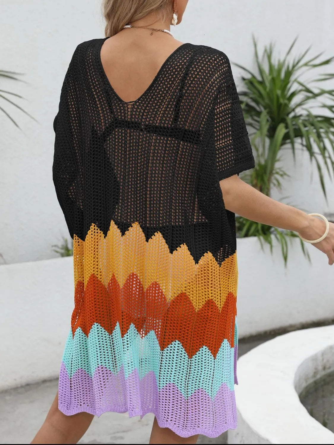 Openwork V-Neck Half Sleeve Cover-Up -