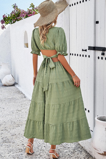 Tie Back Short Sleeve Tiered Dress | AdoreStarr