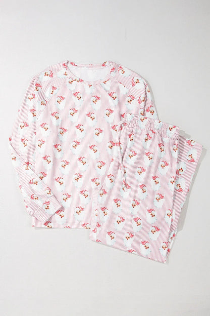 Santa Print Long Sleeve Top and Pants Lounge Set -