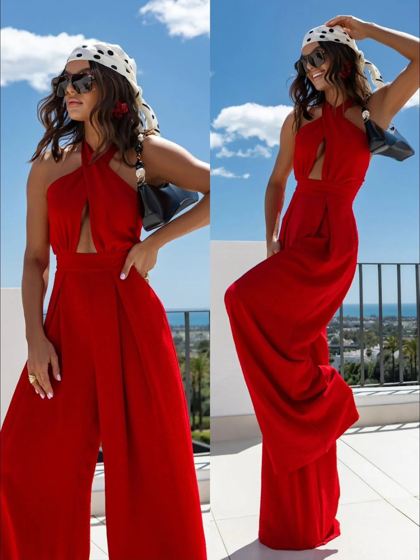 Wide Leg Cutout Halter Neck Jumpsuit - Red
