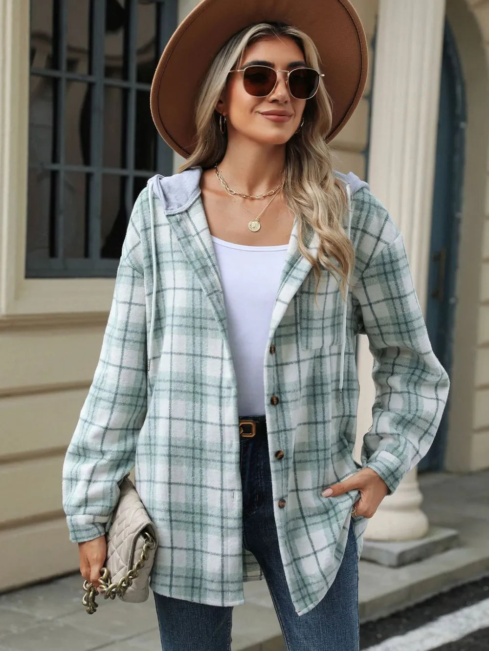 Drawstring Plaid Button Up Hooded Jacket - Light Green