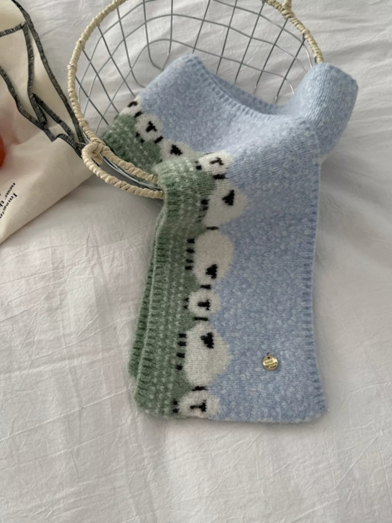Sheep Pattern Knitted Scarf - Blue One Size