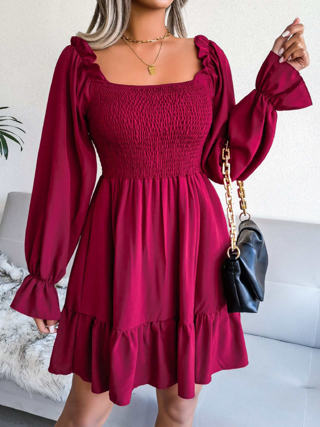 Smocked Flounce Sleeve Square Neck Dress | AdoreStarr