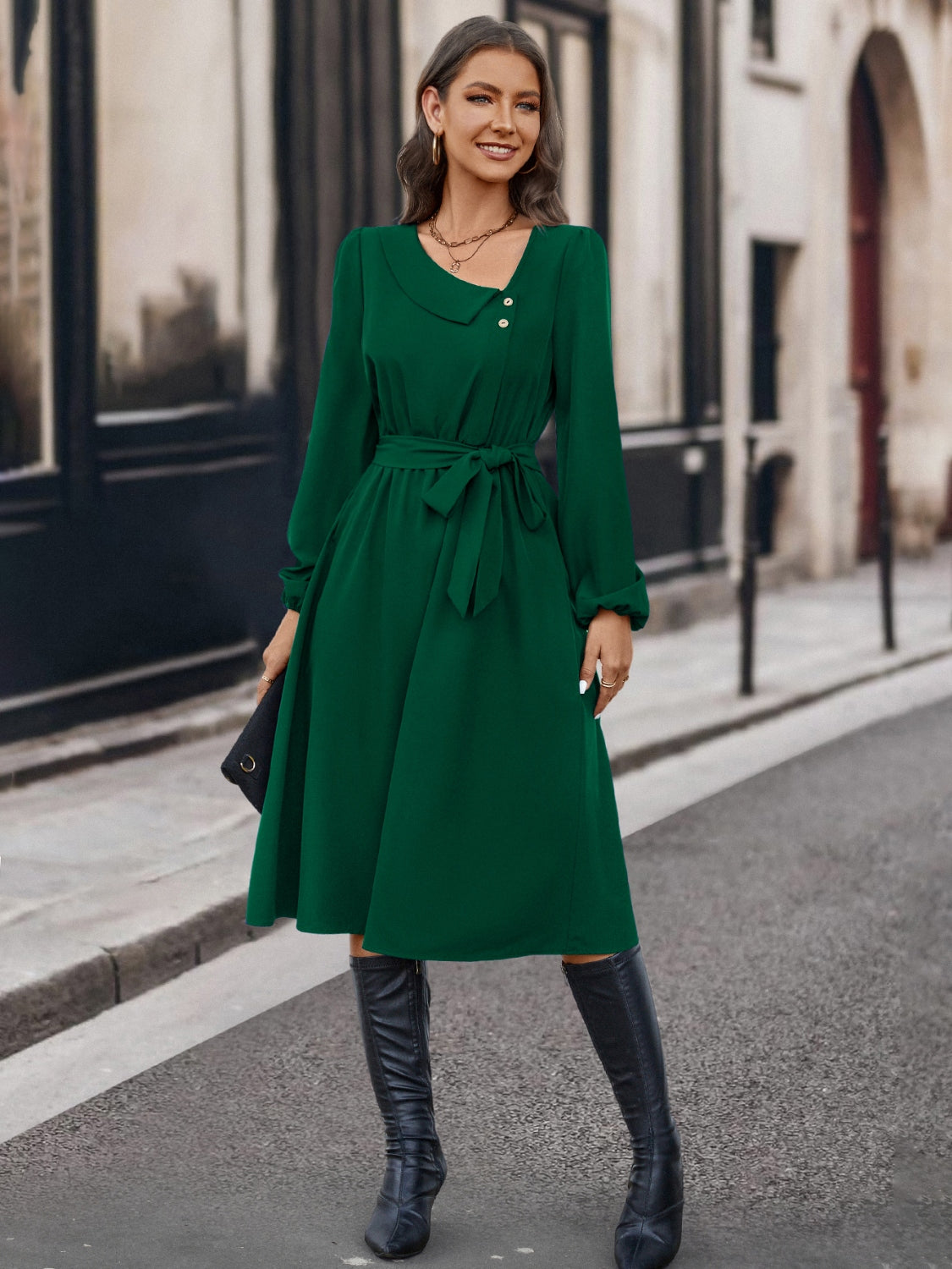 Buttoned Tie Front Asymmetrical Neck Dress - Green