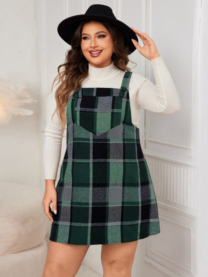 Plus Size Plaid Wide Strap Overall Dress - Dark Green