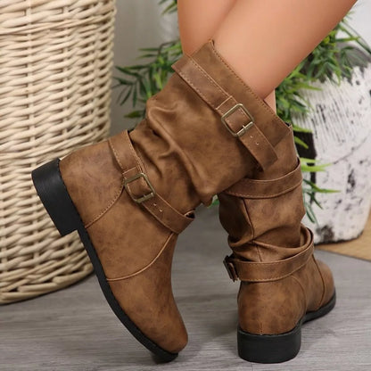 Buckled Low Heel Boots - Caramel