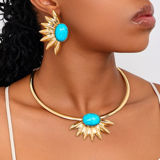 Turquoise Sunflower Necklace and Earrings Jewelry Set - Gold One Size