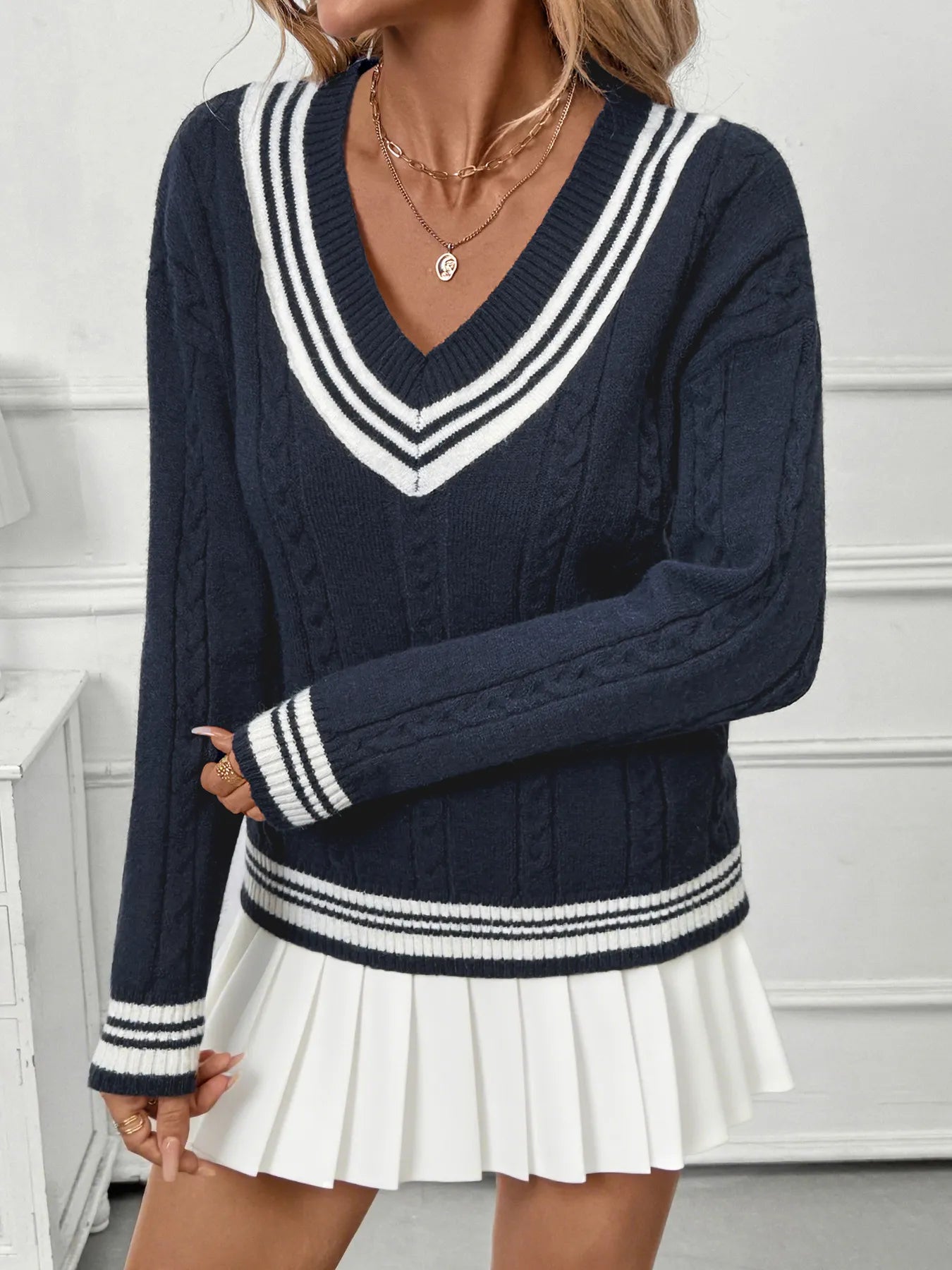 Contrast Striped V-Neck Sweater -