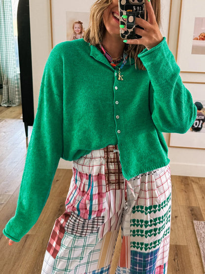 Button-Up Long Sleeve Knit Cardigan - Dark Green