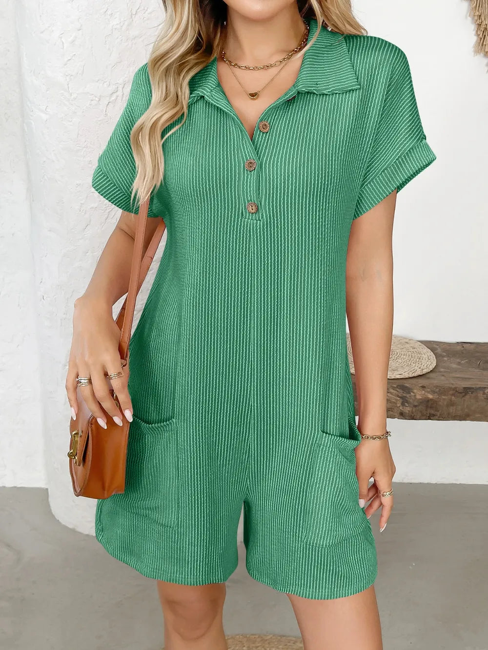 Button Detail Collared Neck Romper - Green