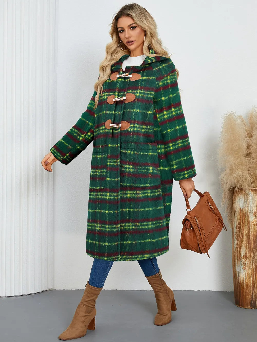 Plaid Long Sleeve Hooded Coat - Dark Green