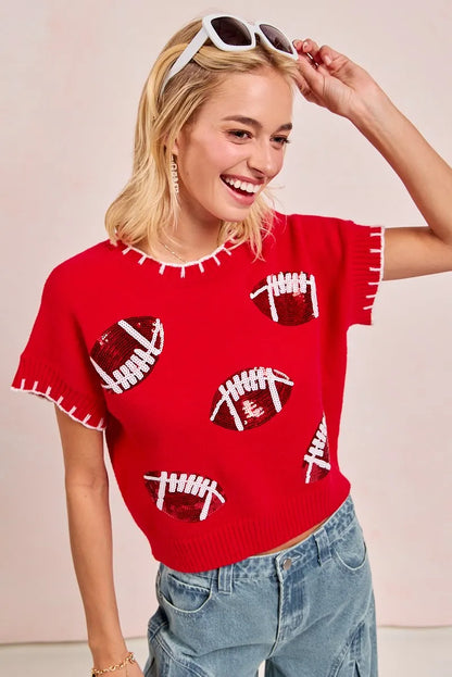 Gameday Sequin Football Embroidered Stitch Sweater -