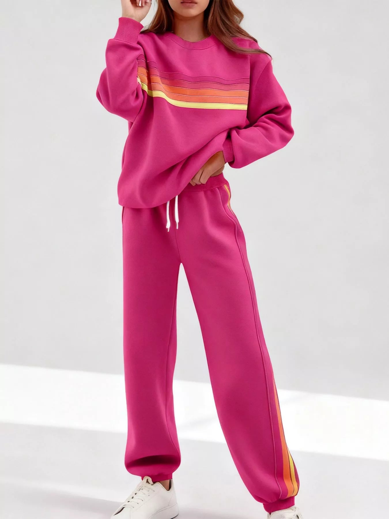 Striped Round Neck Sweatshirt and Pants Set - Rose Pink