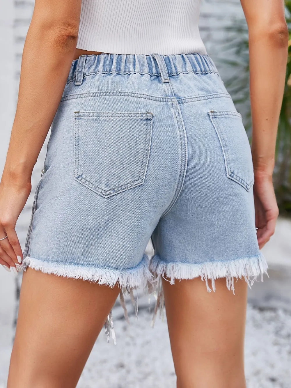 Distressed Pearl Trim Denim Shorts -