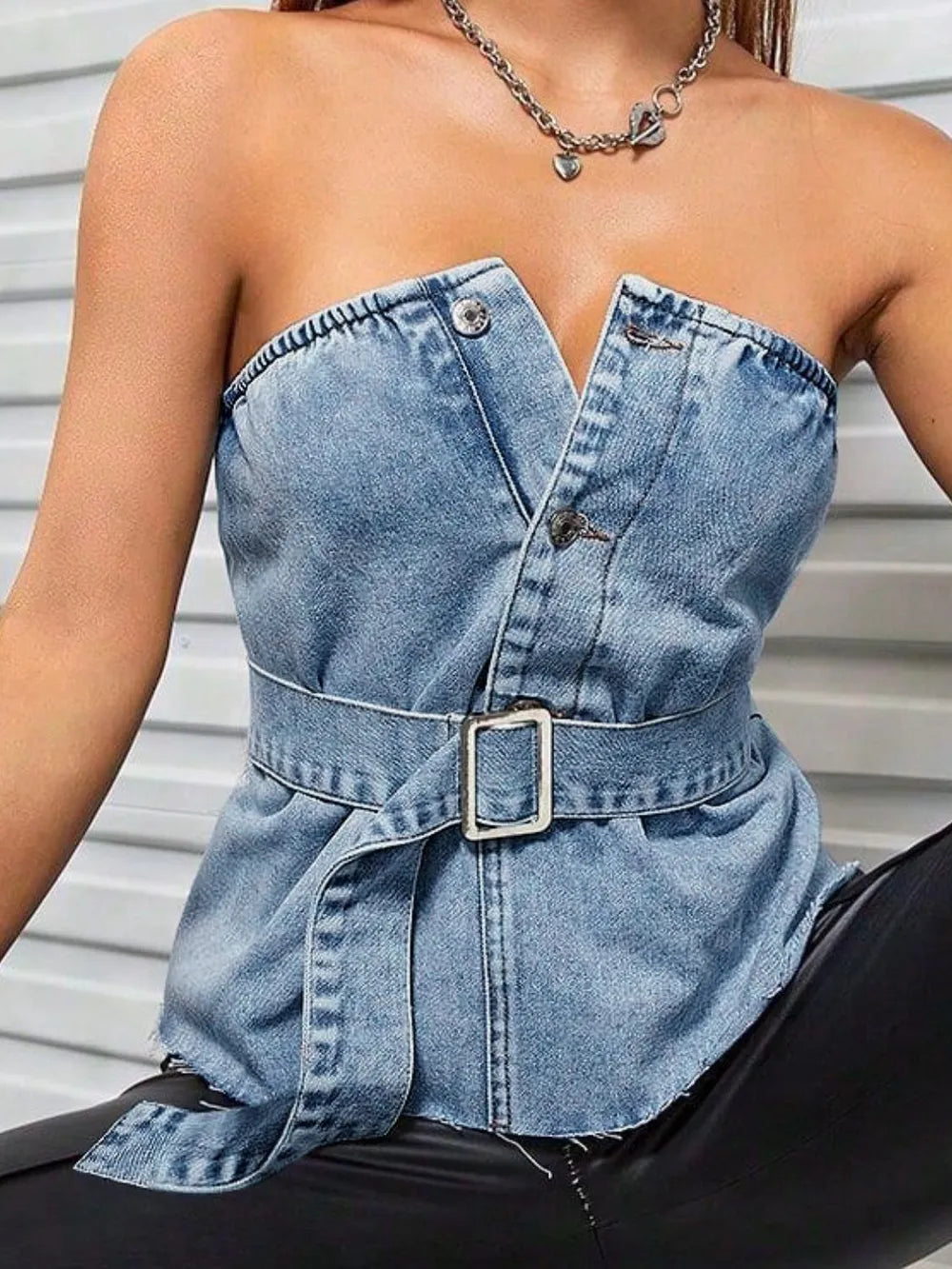 Frayed Hem Button Detail Tube Top - Light