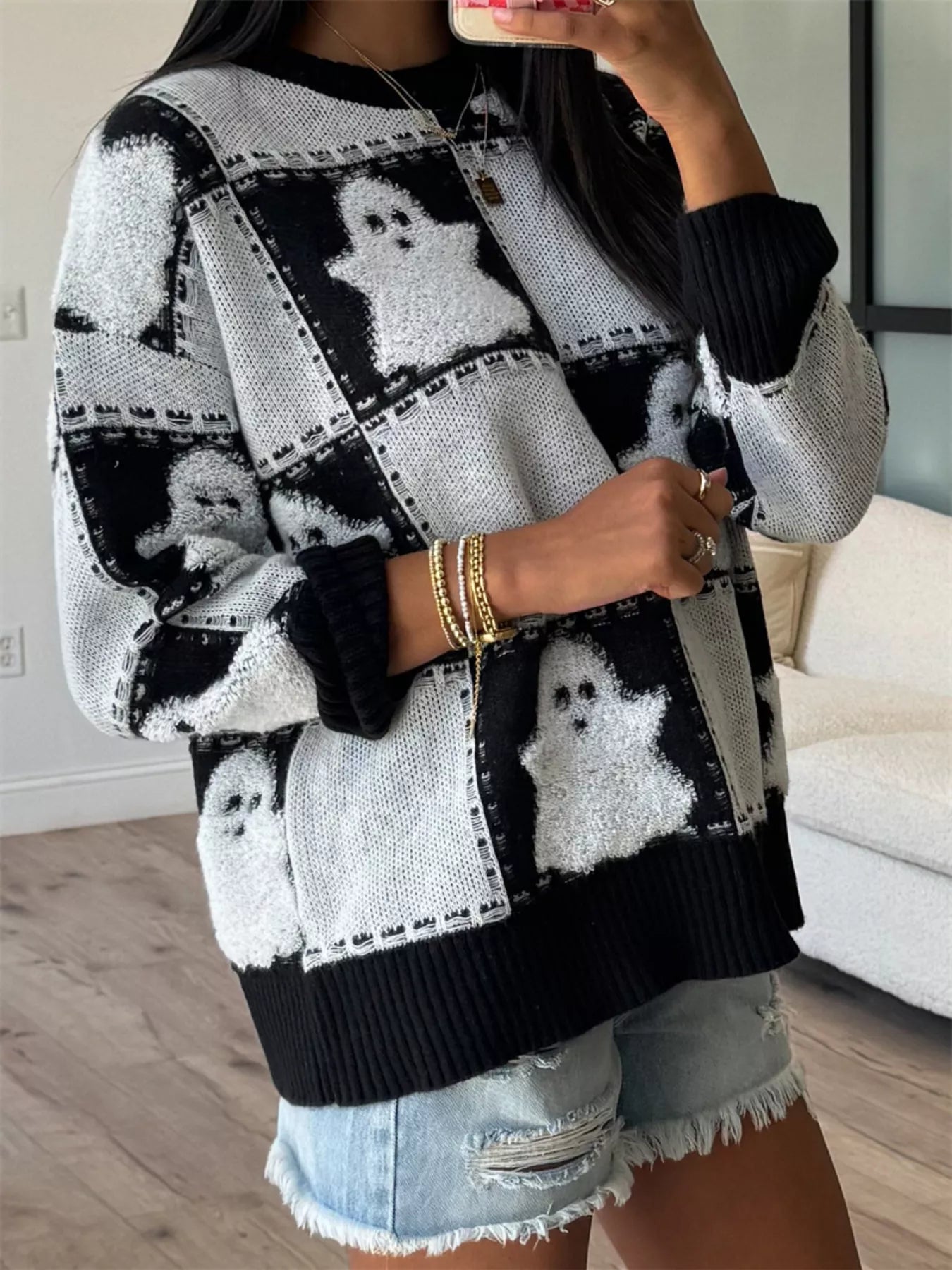 Ghost Checkered Drop Shoulder Sweater - Black White