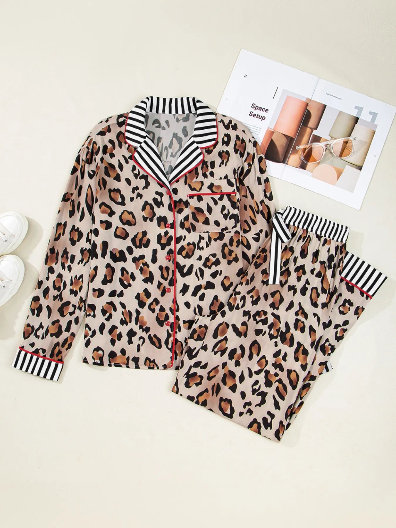 Leopard and Striped Trim Shirt and Pants Set -