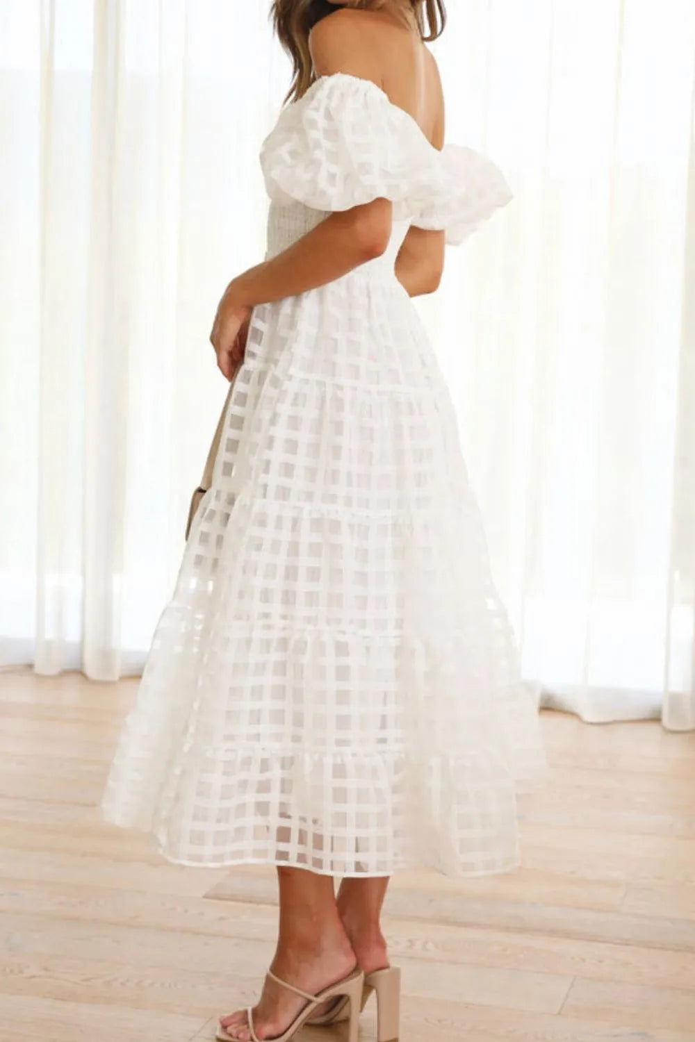 Off Shoulder Short Puff Sleeve Midi Dress -