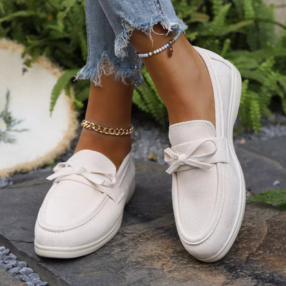 Bow Round Toe Slip-Ons - Beige
