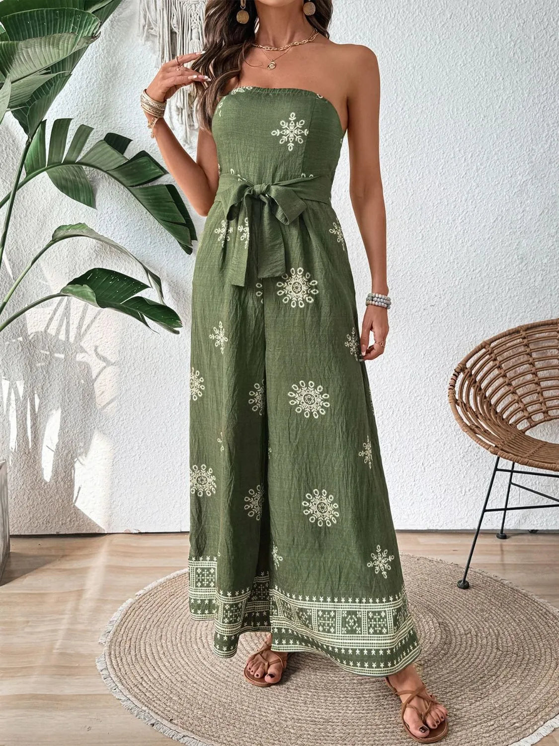 Printed Wide Leg Tube Jumpsuit -