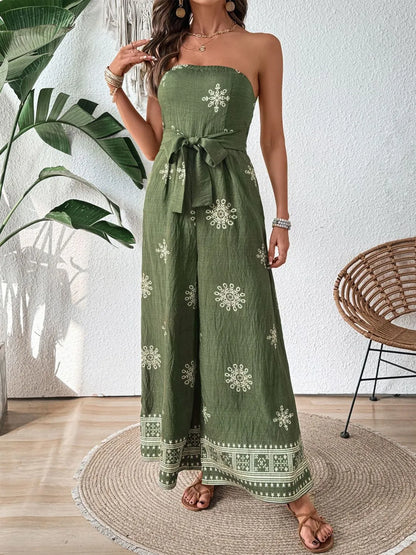 Printed Wide Leg Tube Jumpsuit -