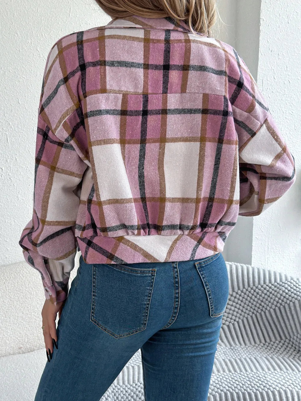 Plaid Button Up Long Sleeve Jacket - Dusty Pink