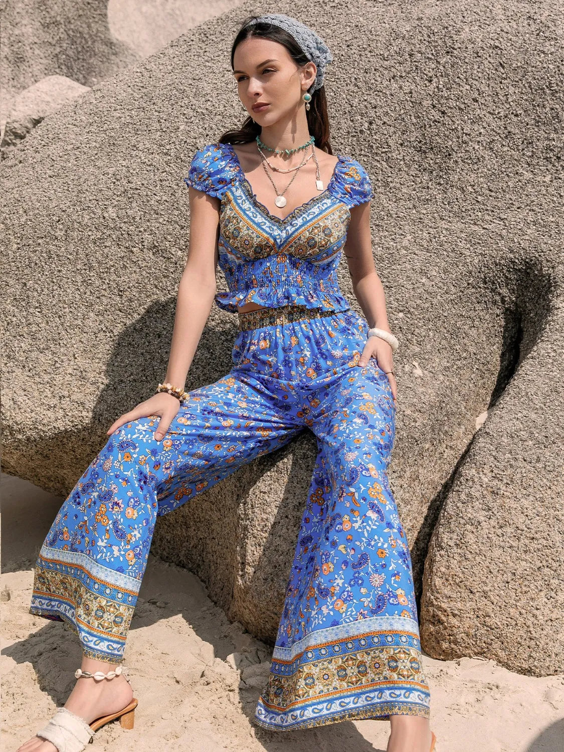 Printed V-Neck Top and Pants Set - Blue