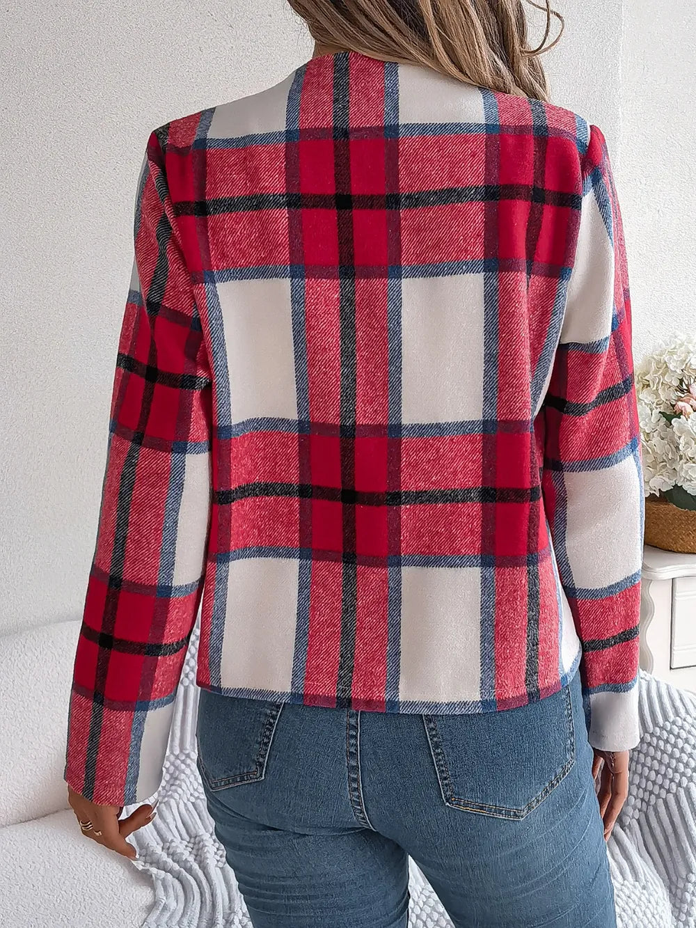Plaid Open Front Long Sleeve Jacket -