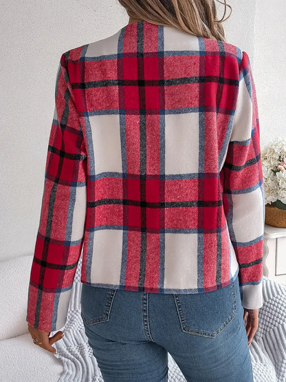 Plaid Open Front Long Sleeve Jacket -