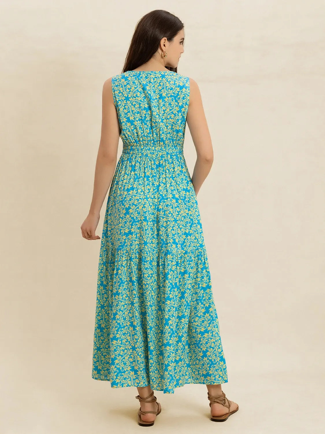 Slit Printed V-Neck Sleeveless Dress -